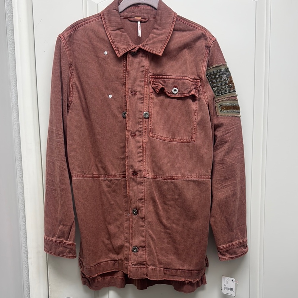 Free People Rose Colored Shirt Jacket with Beaded Patch Detail